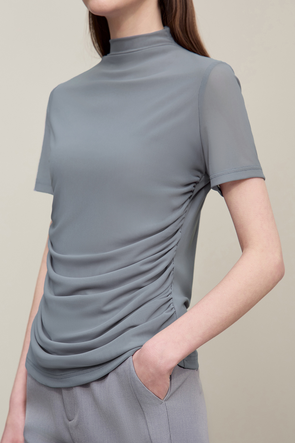 Mock Neck Mesh T-Shirt|AMII