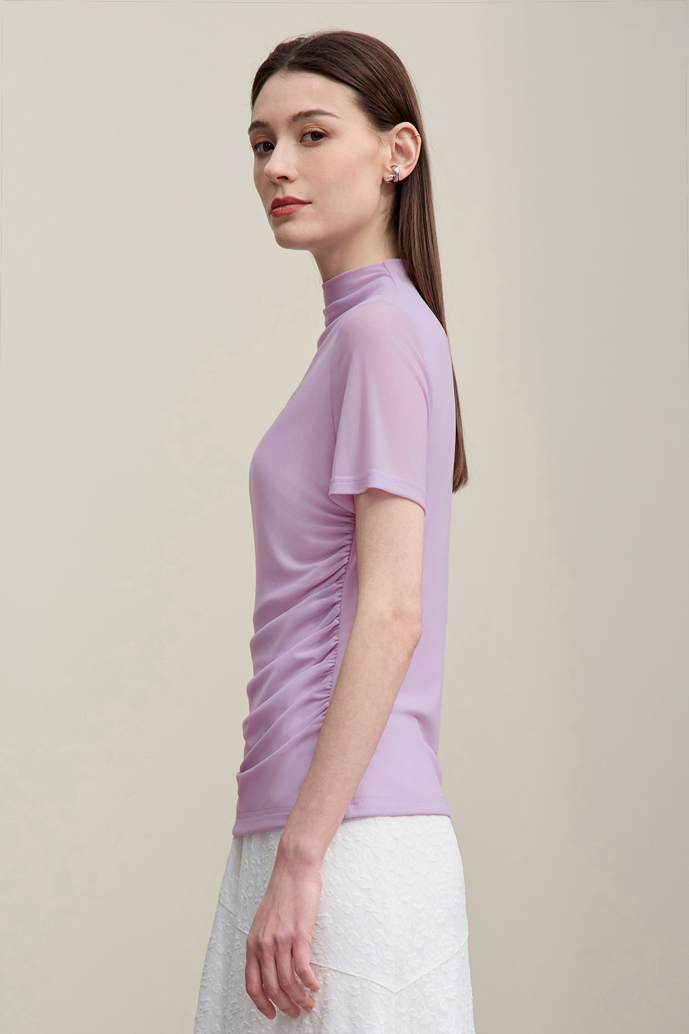 Mock Neck Mesh T-Shirt|AMII