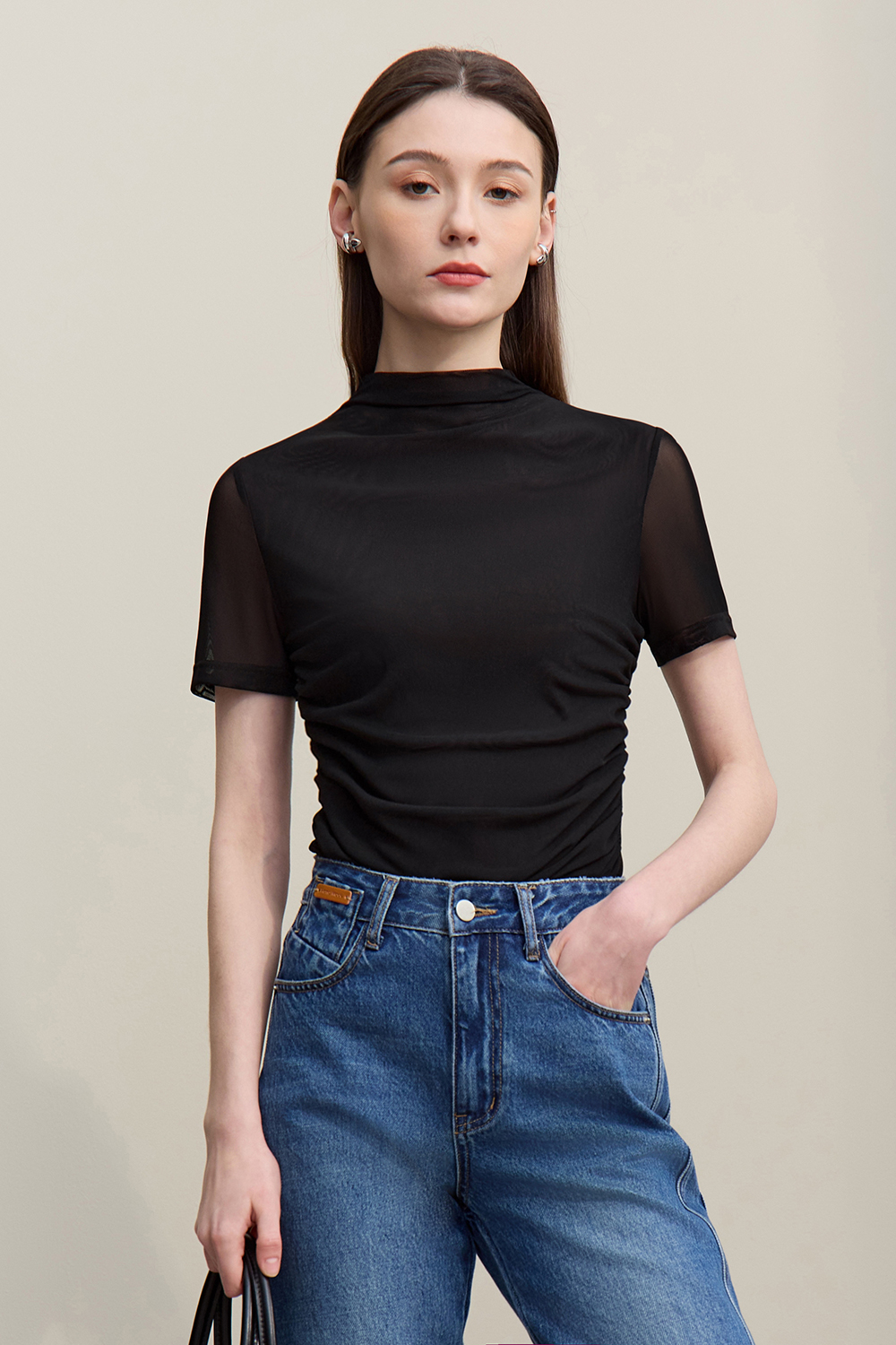 Mock Neck Mesh T-Shirt|AMII