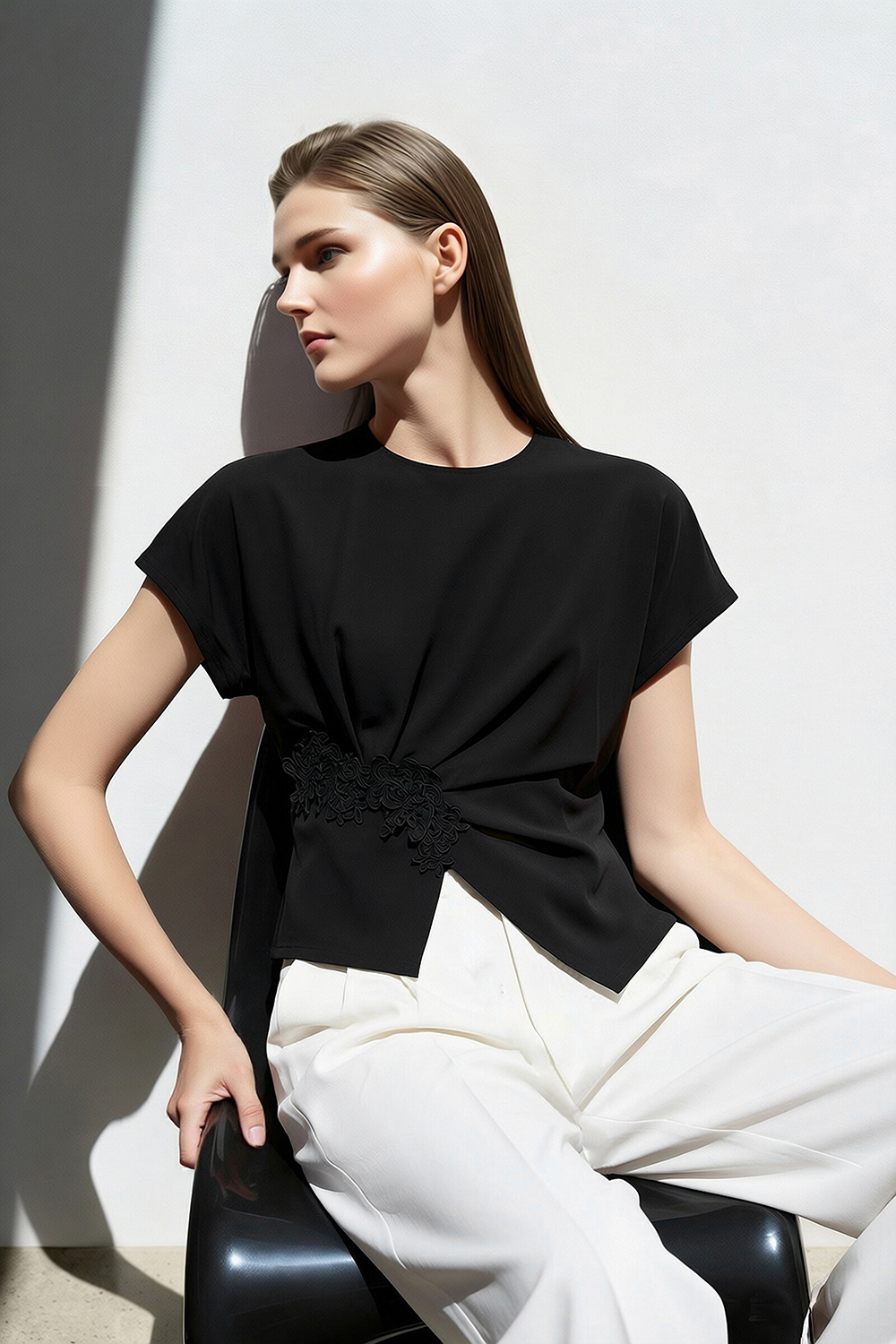 Lace Spliced Silk Top|AMII