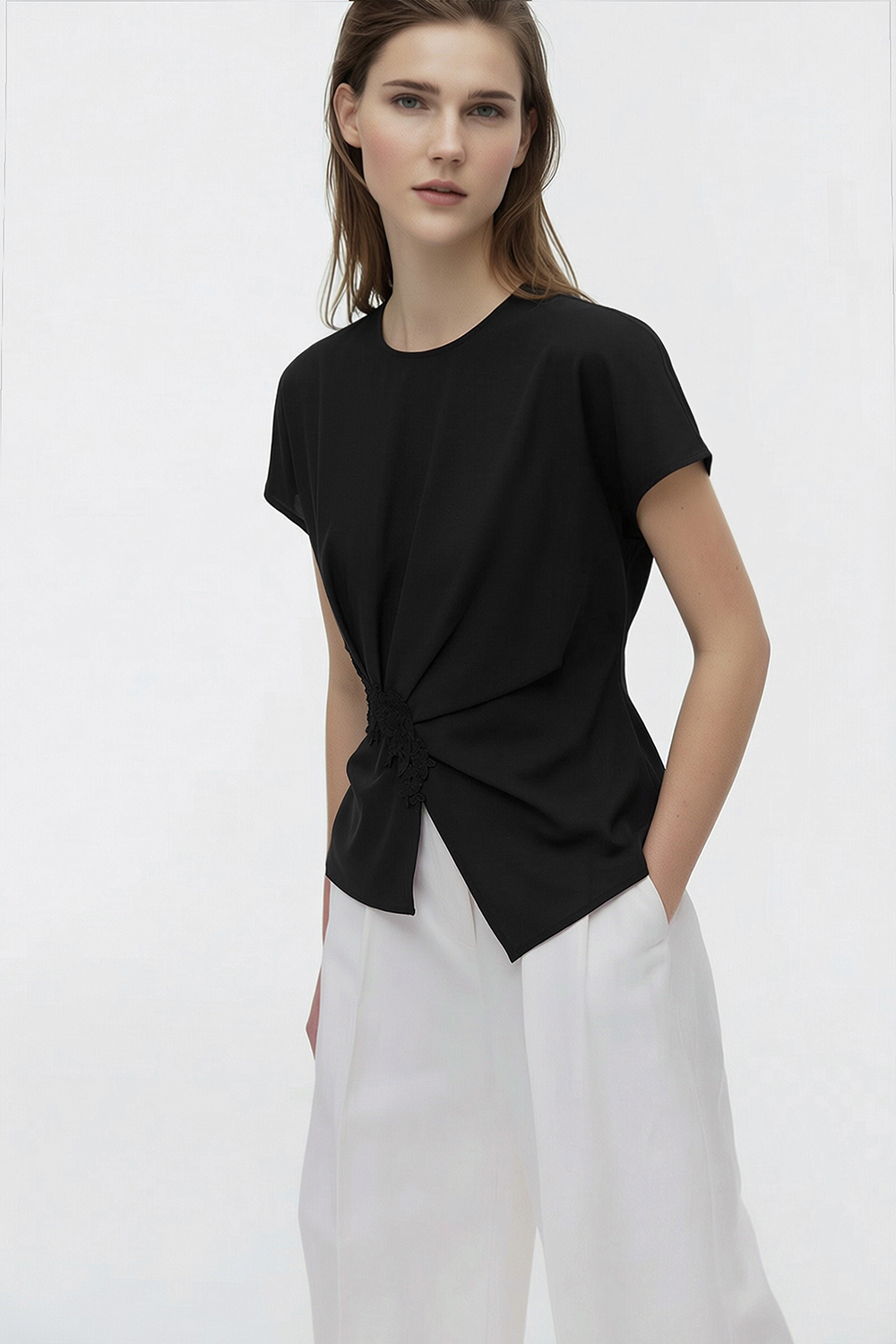 Lace Spliced Silk Top|AMII