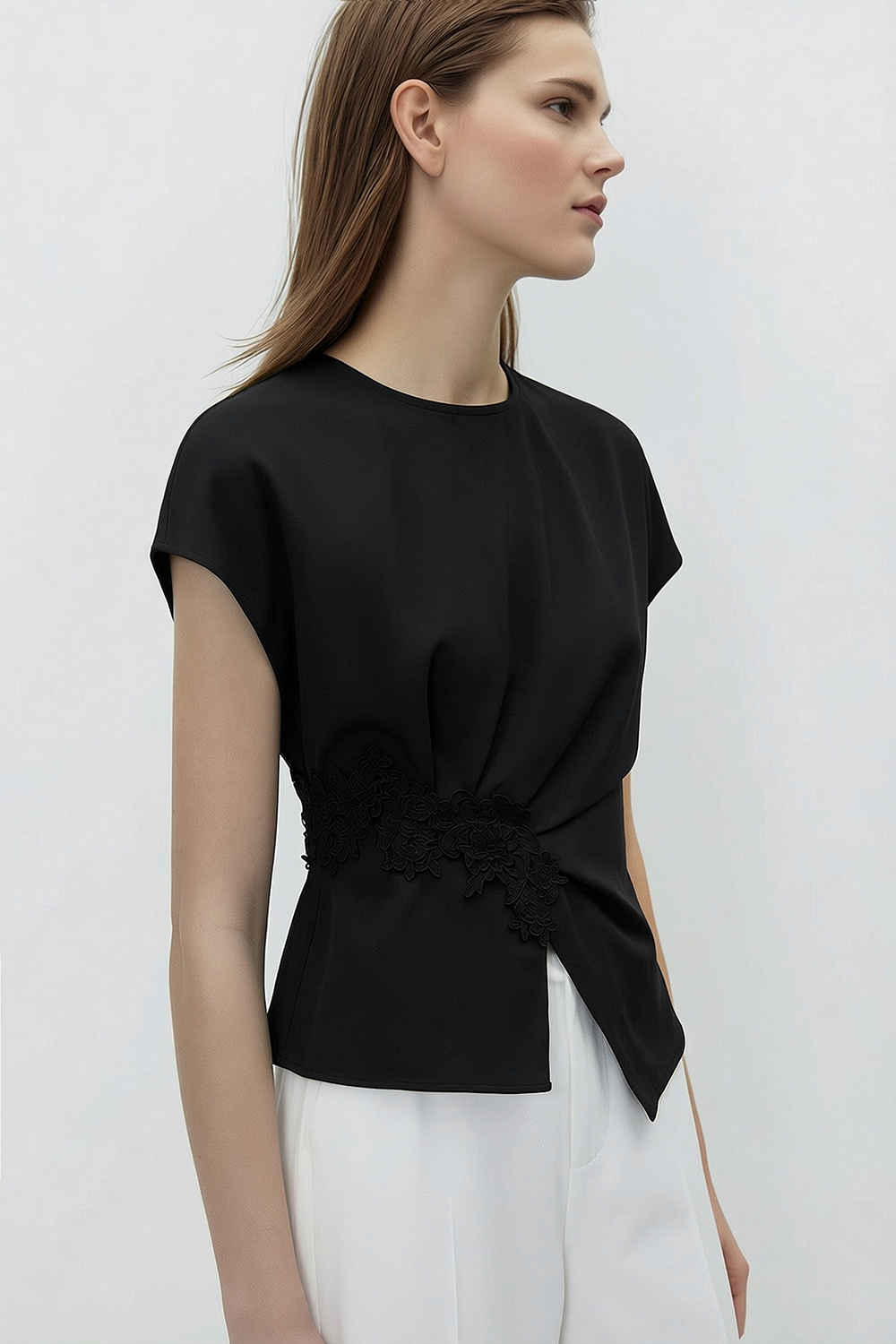 Lace Spliced Silk Top|AMII