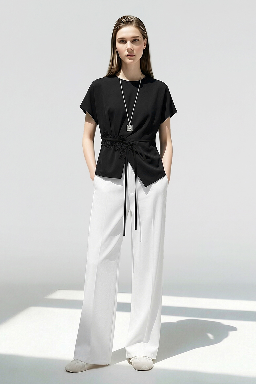 Lace Spliced Silk Top|AMII