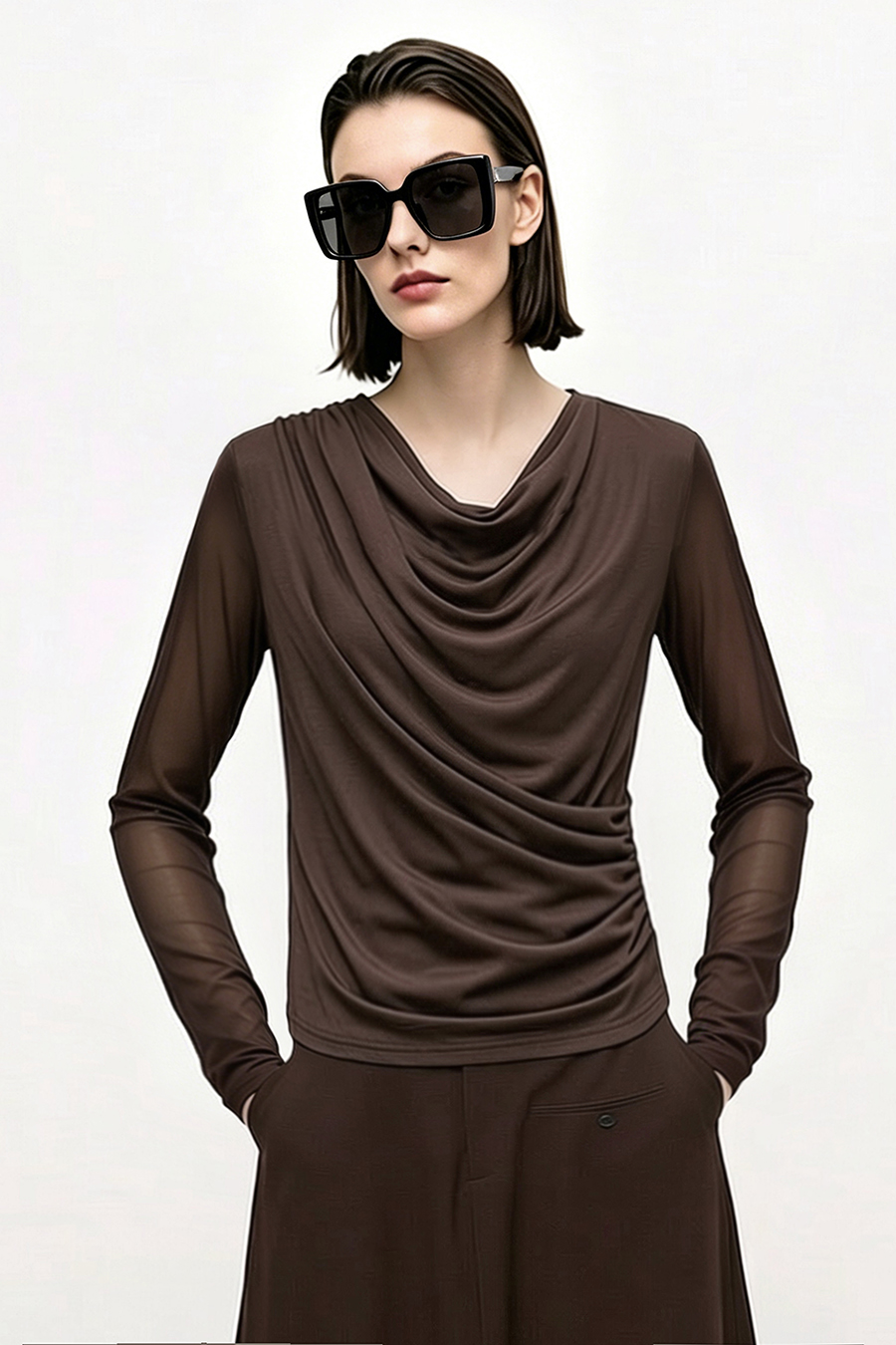 Draped Neck Ruched Mesh Tee | AMII