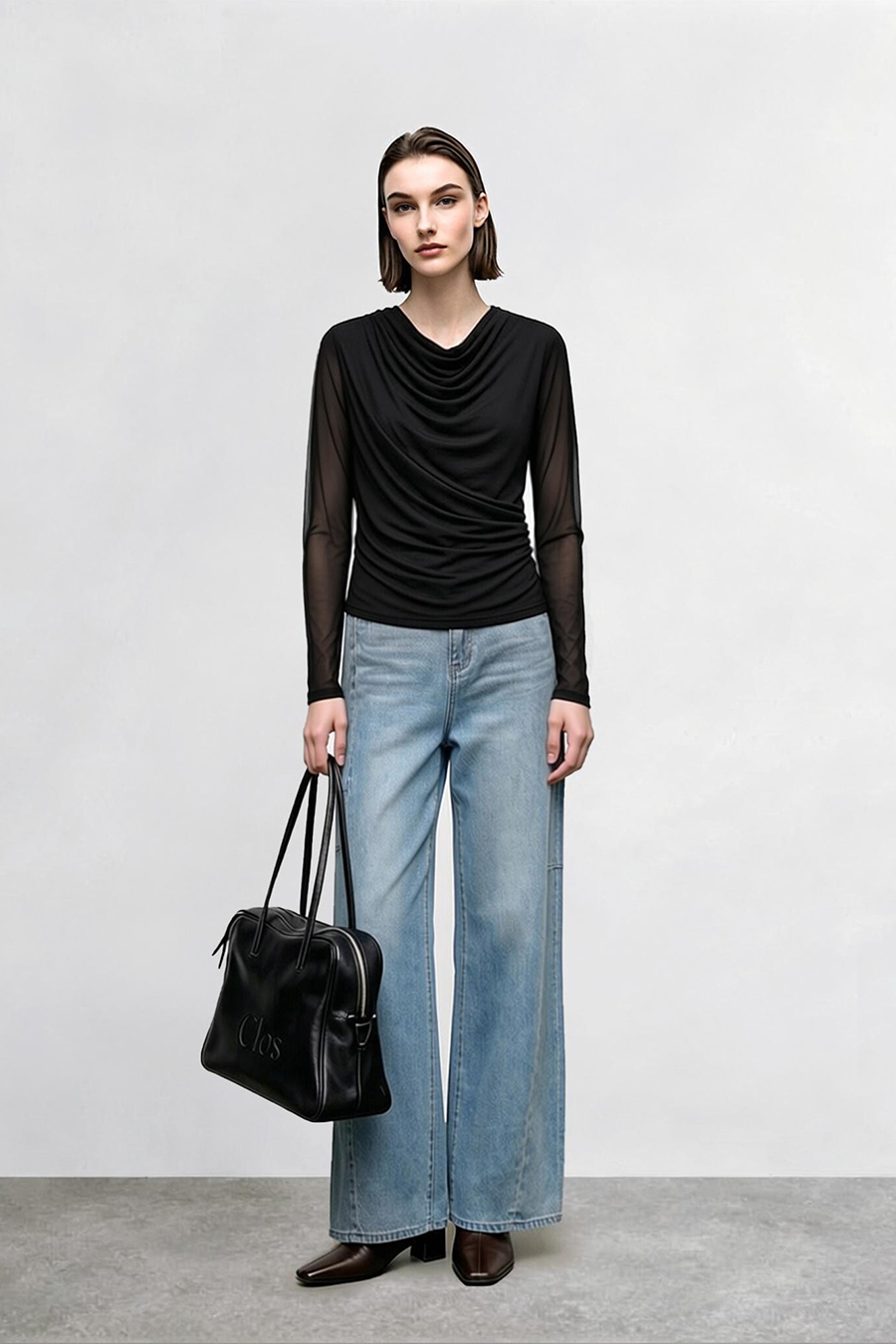 Draped Neck Ruched Mesh Tee | AMII