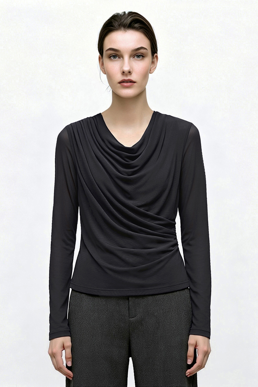 Draped Neck Ruched Mesh Tee | AMII