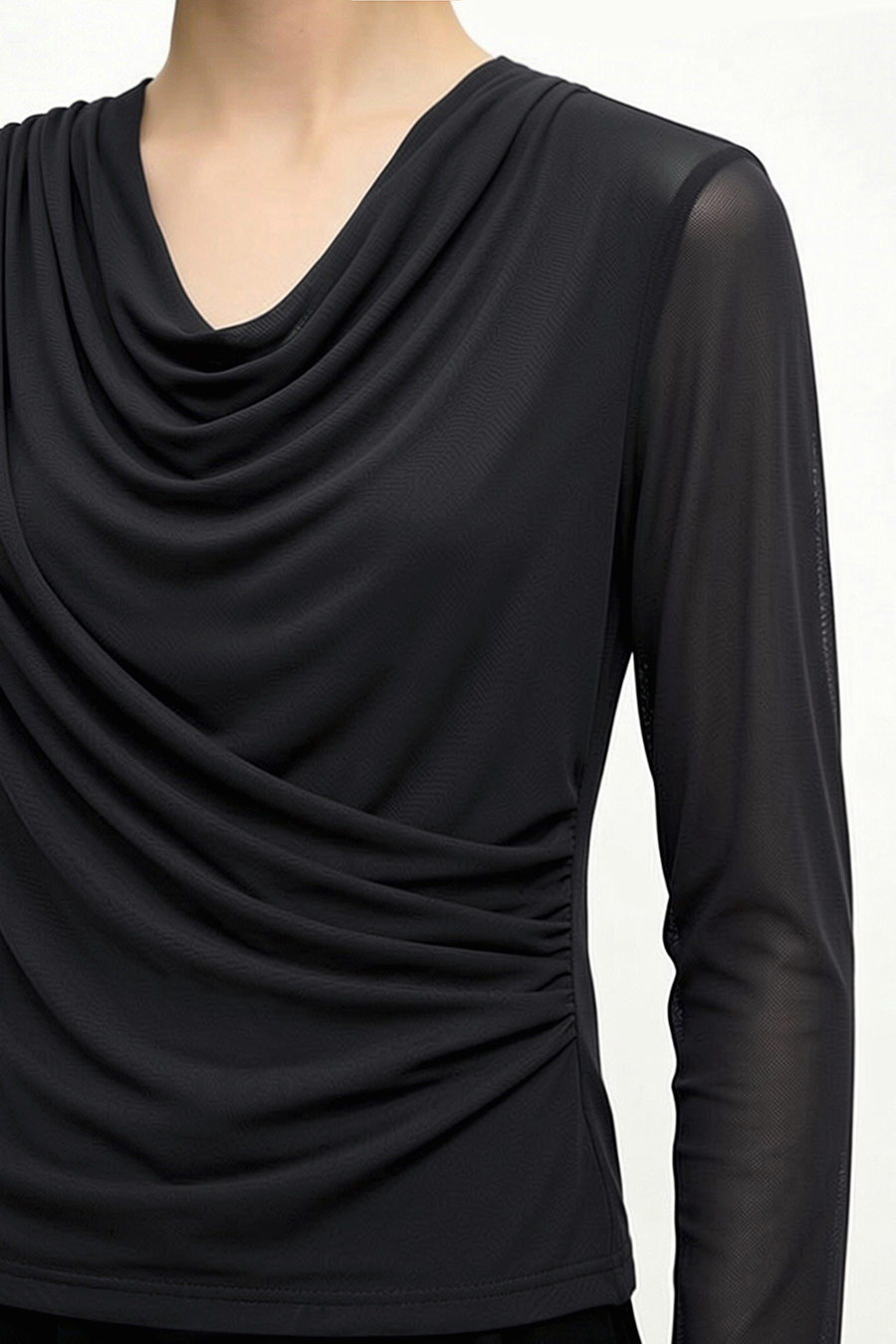 Draped Neck Ruched Mesh Tee | AMII