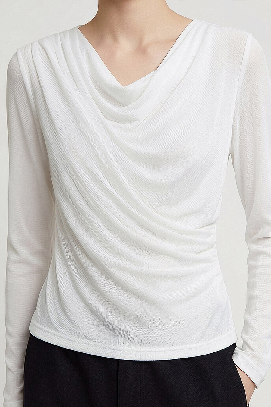 Draped Neck Ruched Mesh Tee | AMII