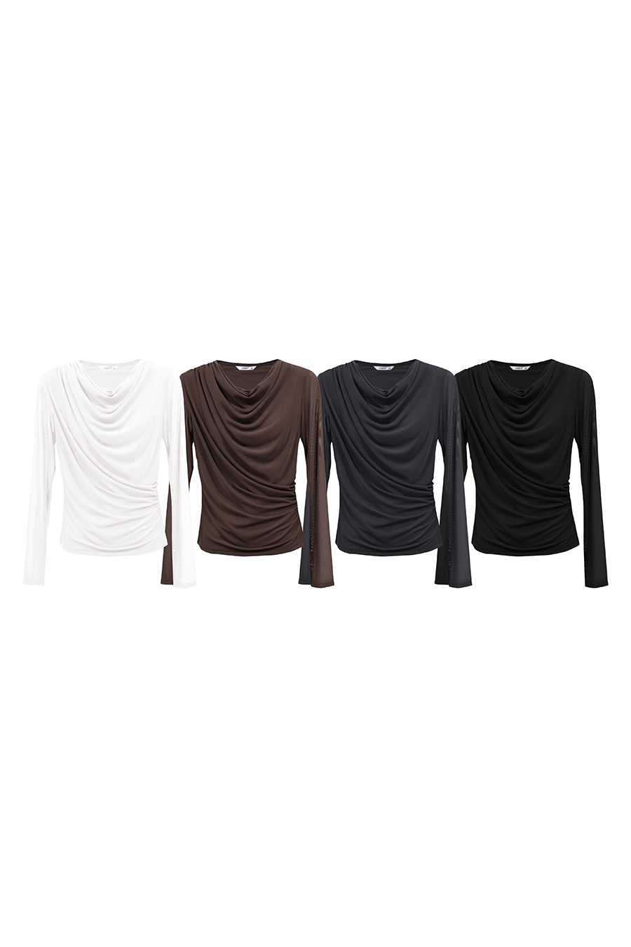Draped Neck Ruched Mesh Tee | AMII