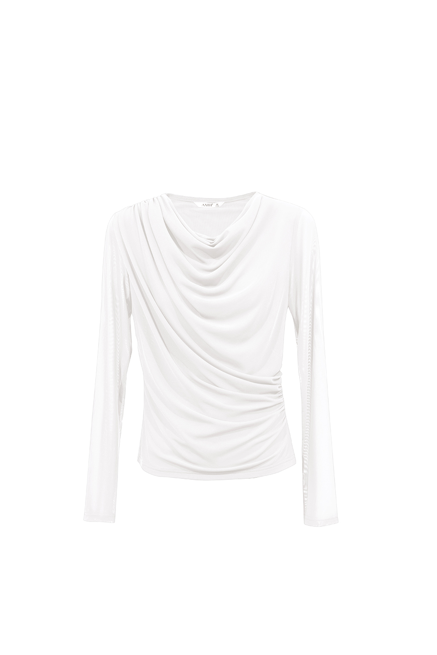 Draped Neck Ruched Mesh Tee | AMII