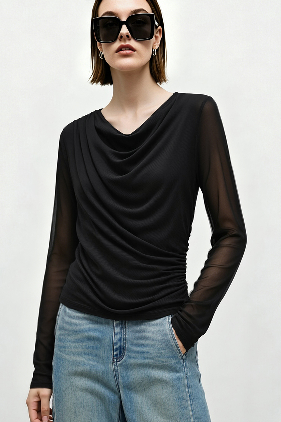 Draped Neck Ruched Mesh Tee | AMII