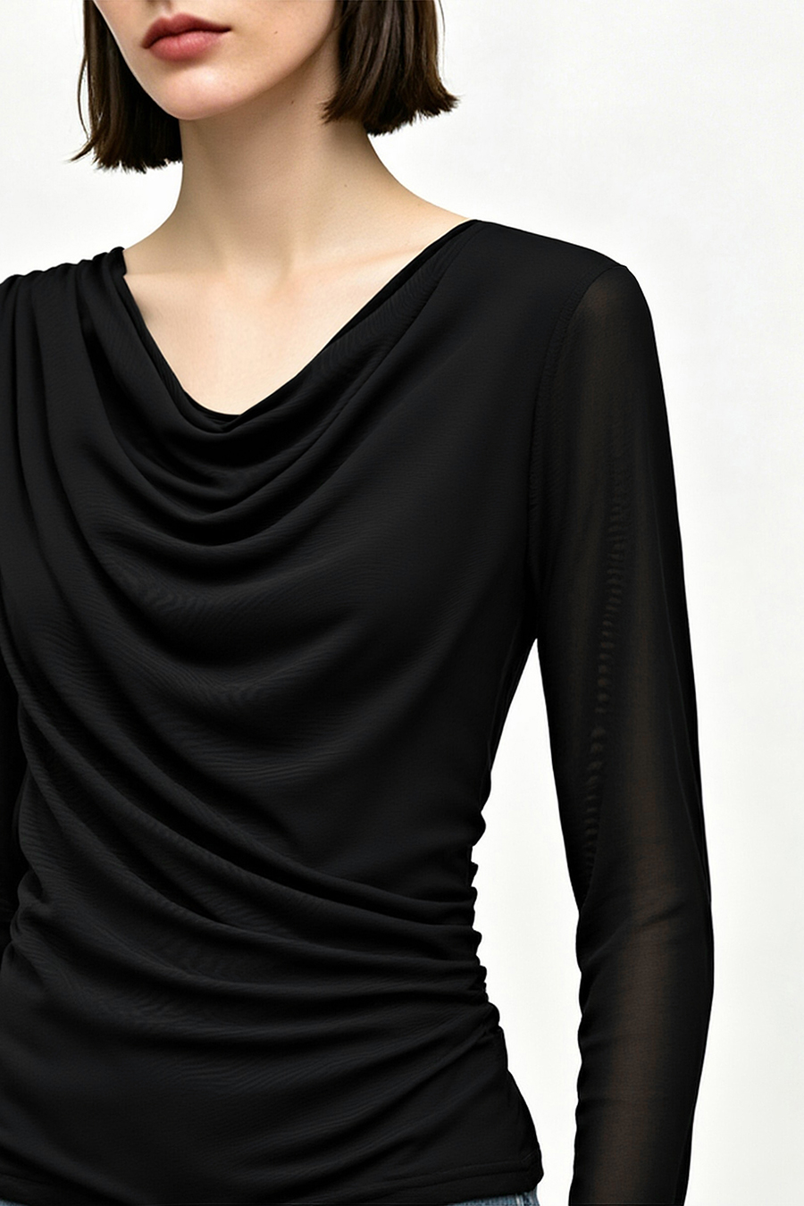 Draped Neck Ruched Mesh Tee | AMII