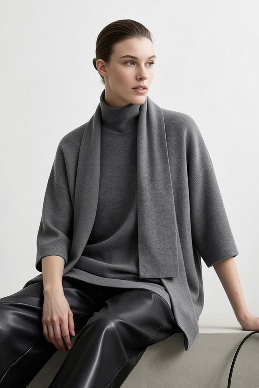 High‑neck tie‑strap loose sweater|AMII