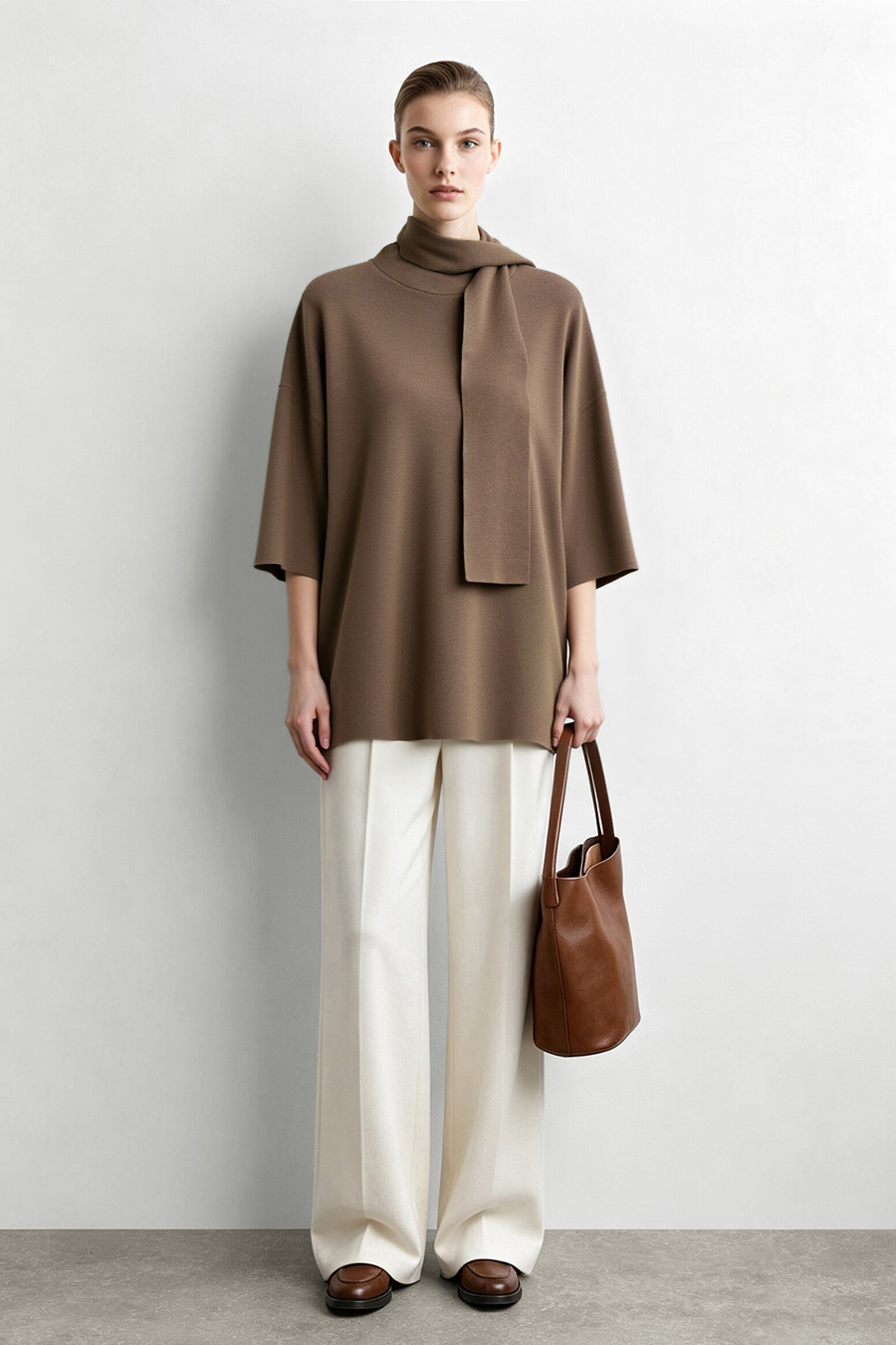 High‑neck tie‑strap loose sweater|AMII