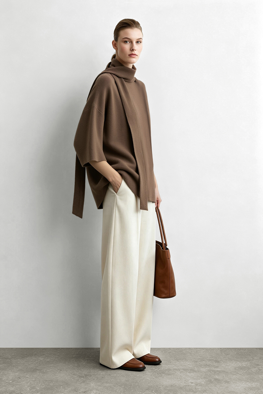 High‑neck tie‑strap loose sweater|AMII
