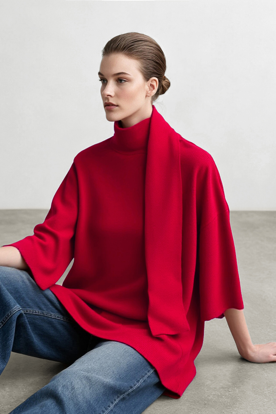 High‑neck tie‑strap loose sweater|AMII