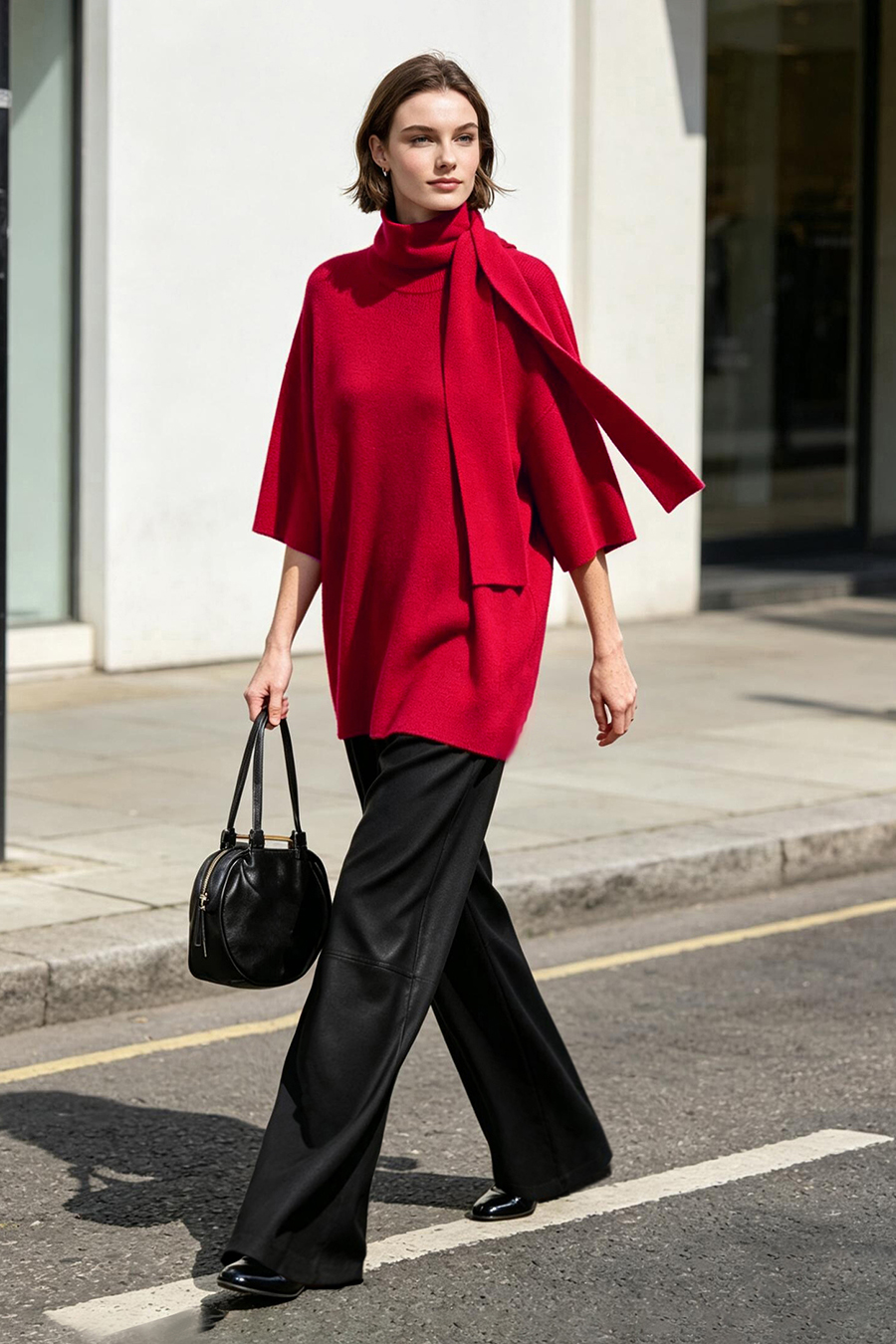 High‑neck tie‑strap loose sweater|AMII