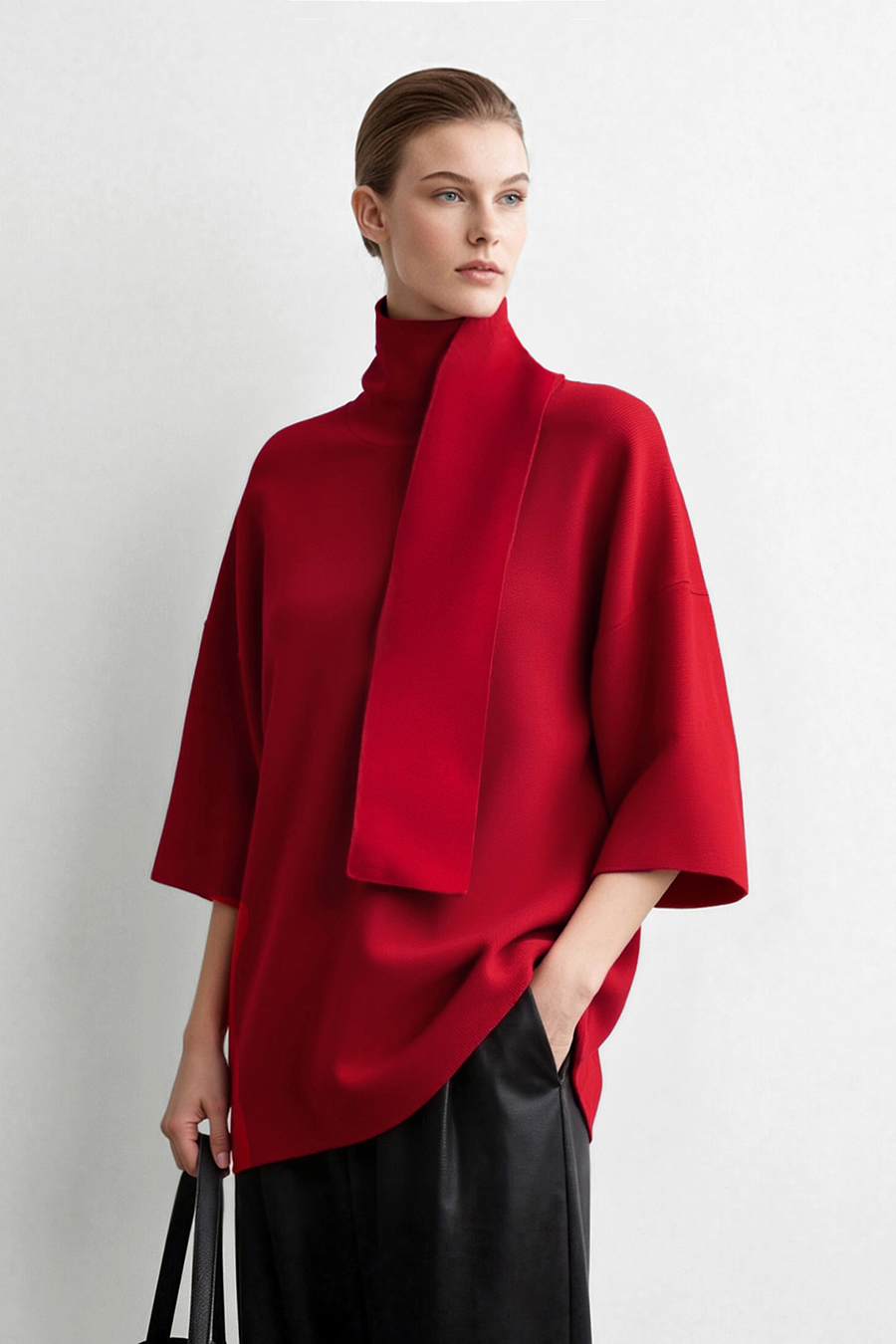 High‑neck tie‑strap loose sweater|AMII