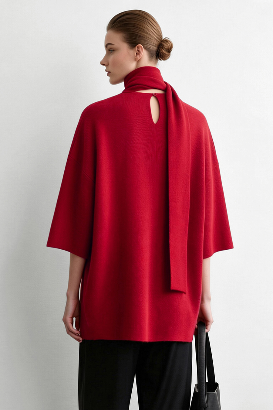 High‑neck tie‑strap loose sweater|AMII