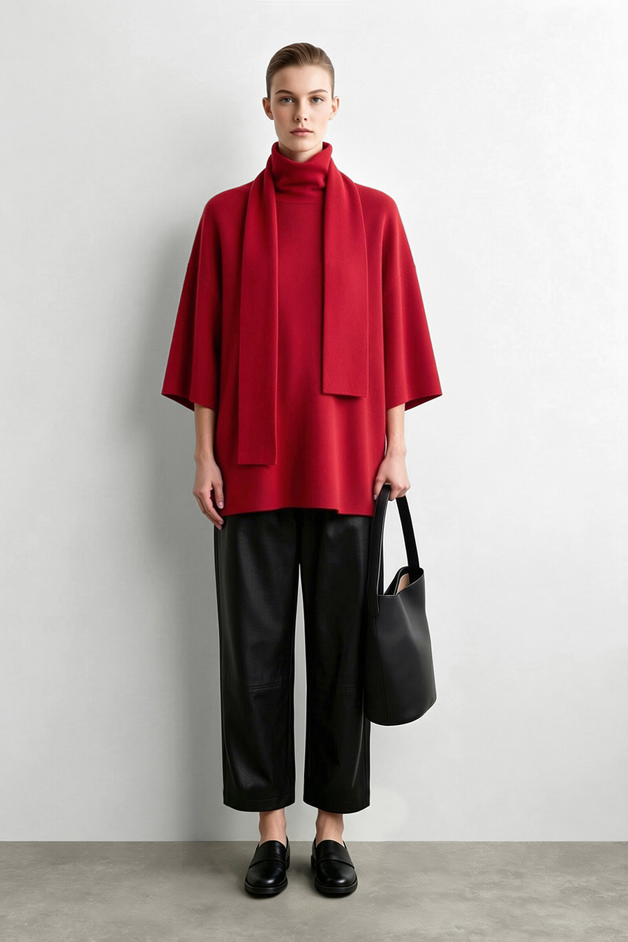 High‑neck tie‑strap loose sweater|AMII