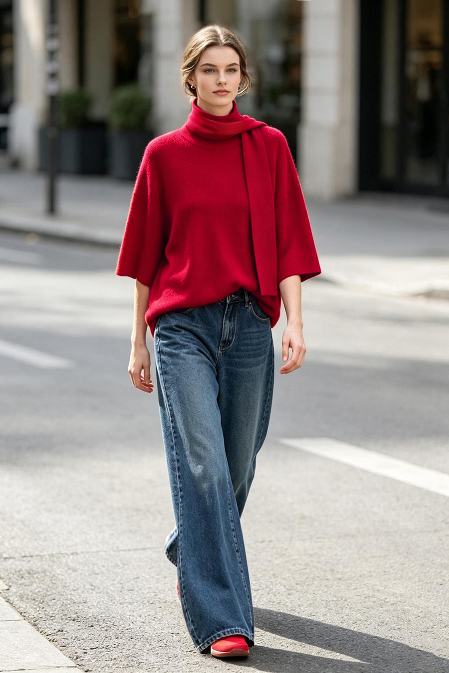 High‑neck tie‑strap loose sweater|AMII