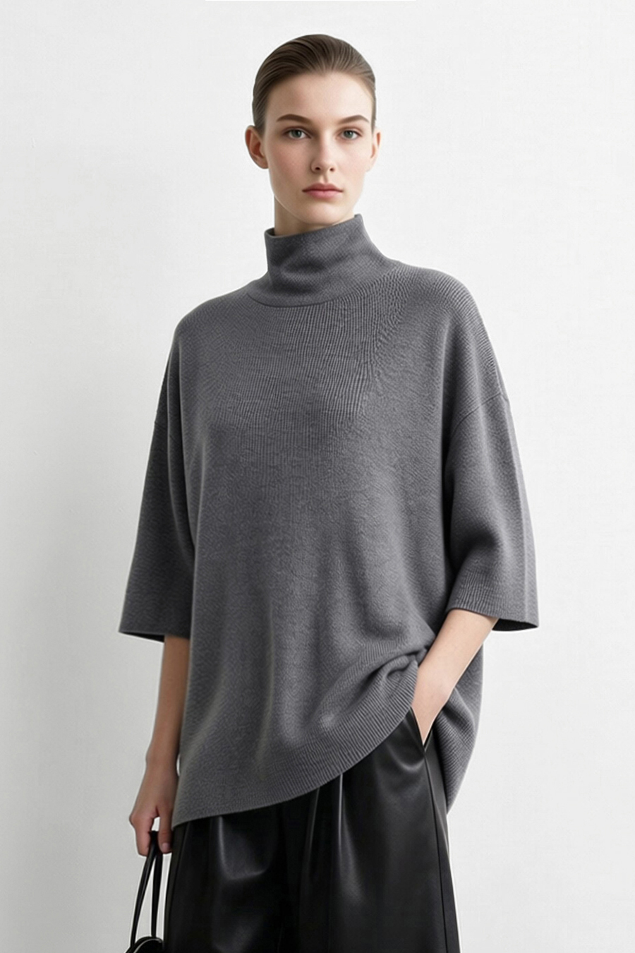 High‑neck tie‑strap loose sweater|AMII