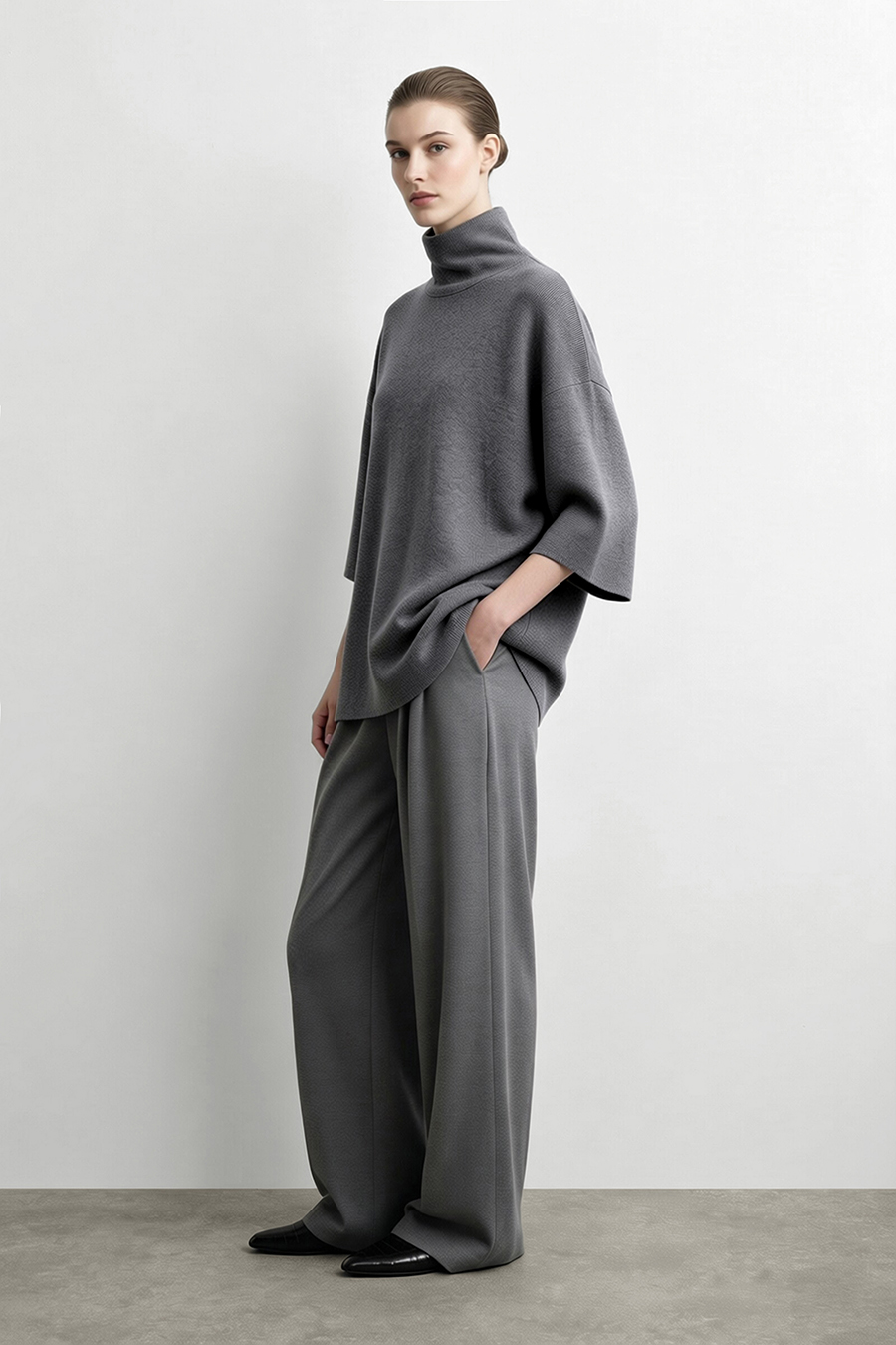 High‑neck tie‑strap loose sweater|AMII