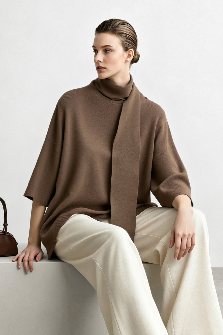 High‑neck tie‑strap loose sweater|AMII