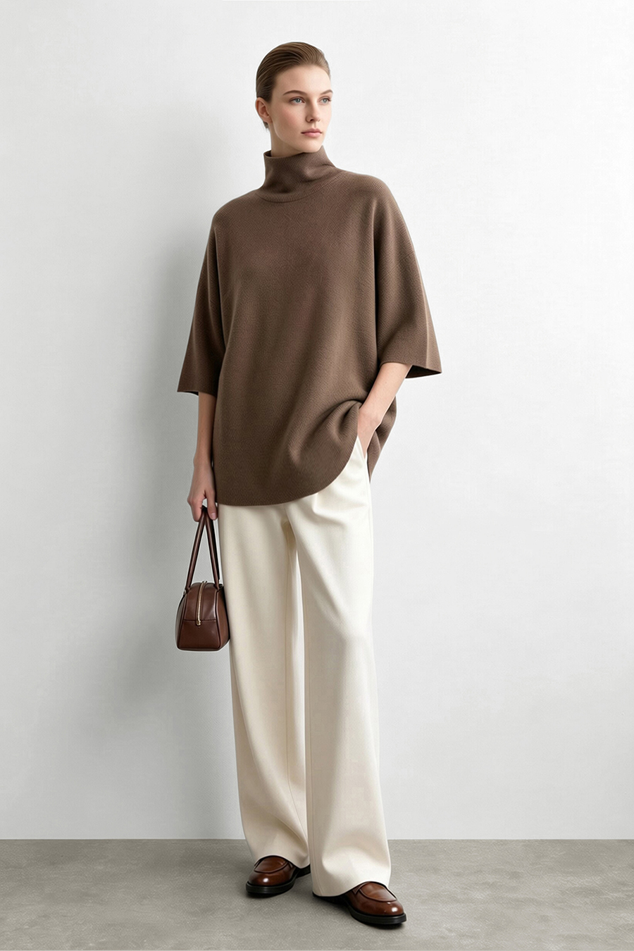 High‑neck tie‑strap loose sweater|AMII