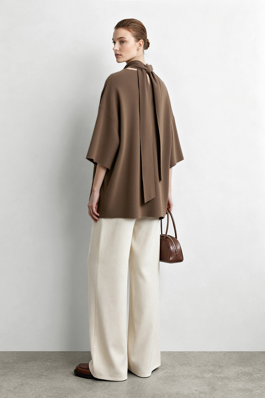 High‑neck tie‑strap loose sweater|AMII