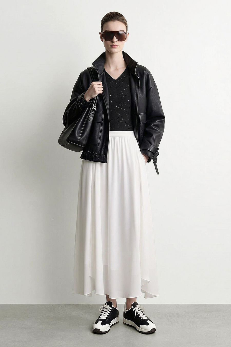 V-Neck Silver Foil Print Tee | AMII