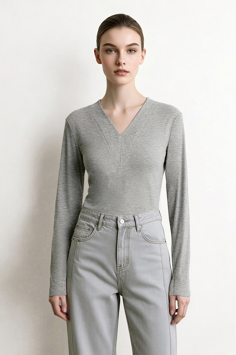 V-Neck Silver Foil Print Tee | AMII