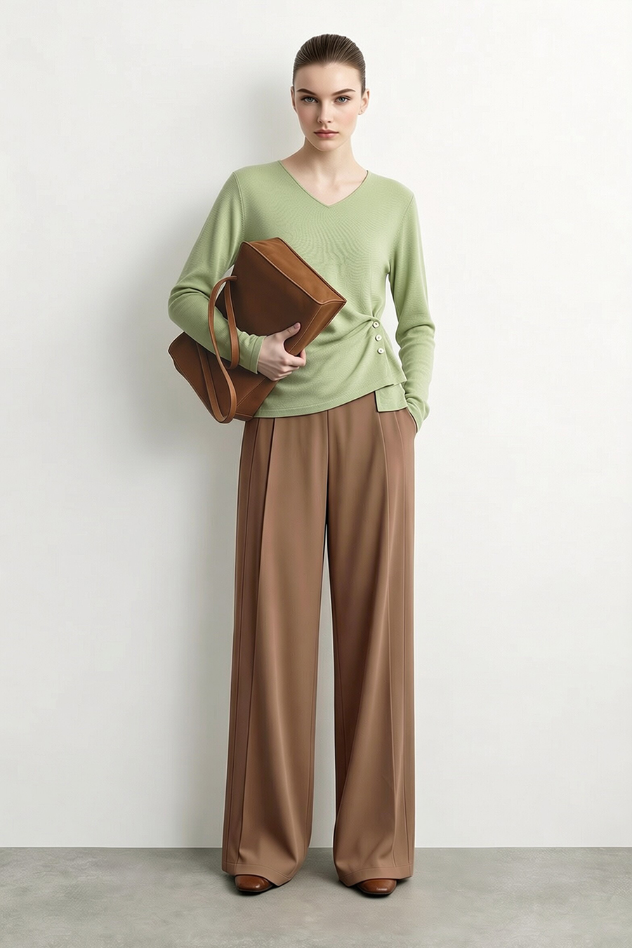 V‑neck button gathered sweater|AMII