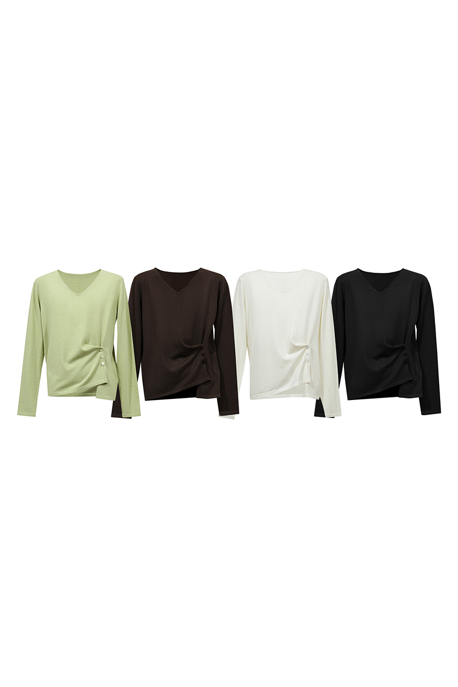 V‑neck button gathered sweater|AMII