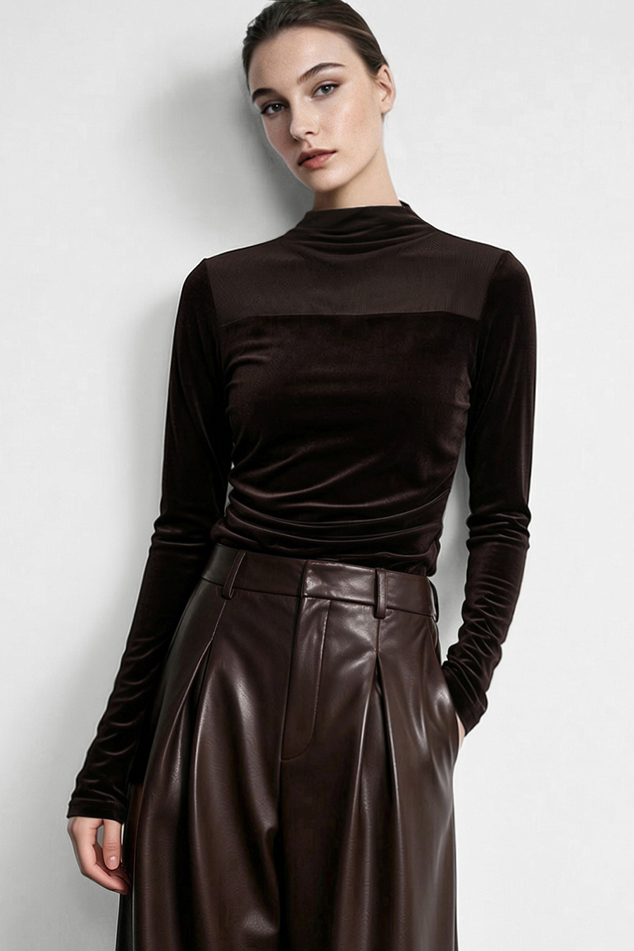 Mesh spliced velvet T‑shirt|AMII