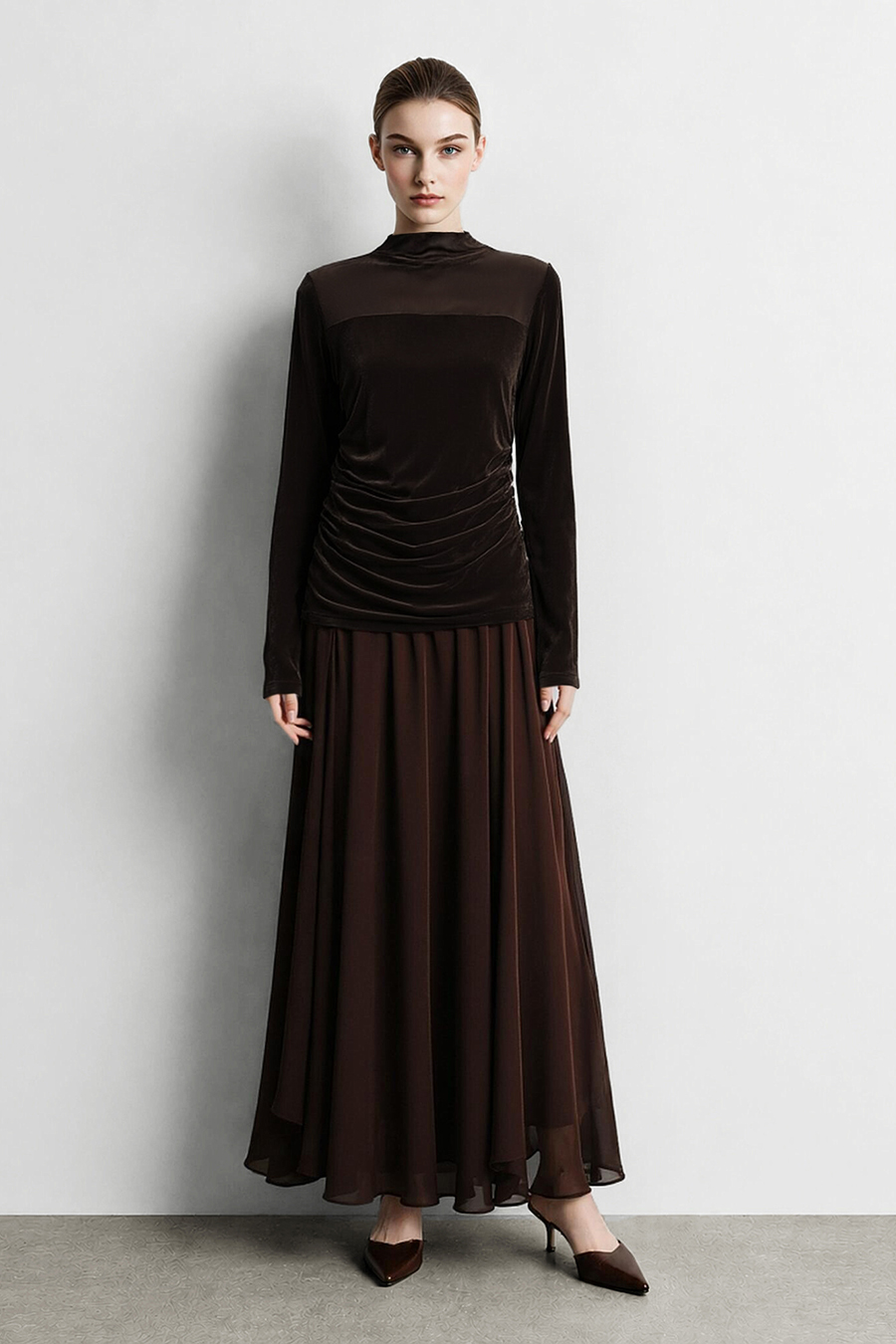 Mesh spliced velvet T‑shirt|AMII