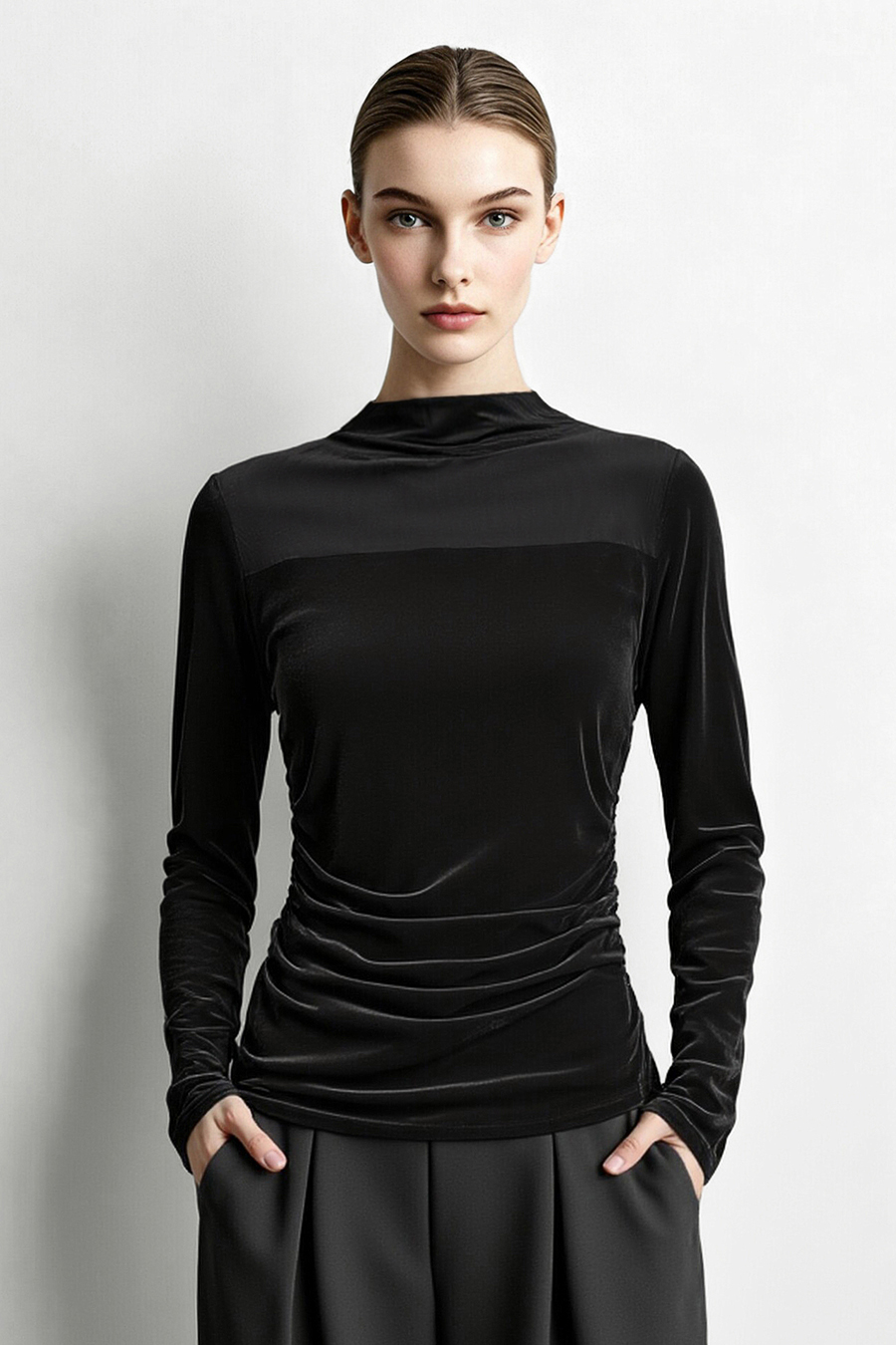Mesh spliced velvet T‑shirt|AMII
