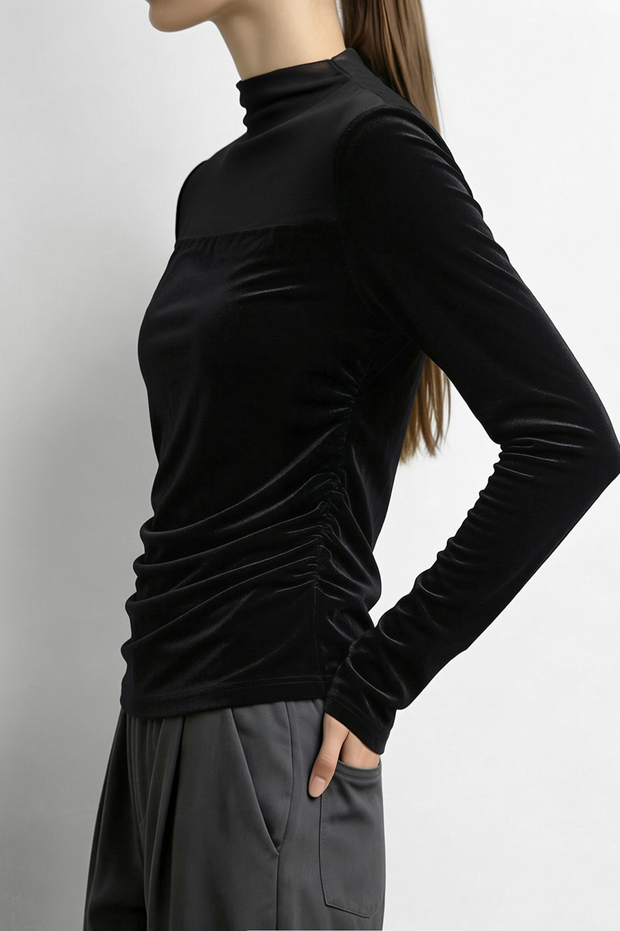 Mesh spliced velvet T‑shirt|AMII