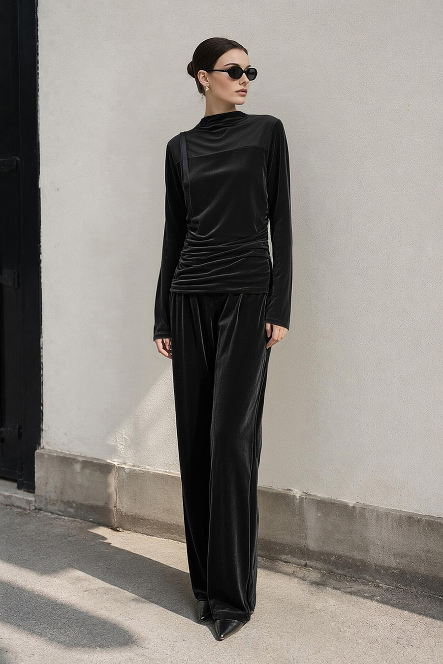 Mesh spliced velvet T‑shirt|AMII