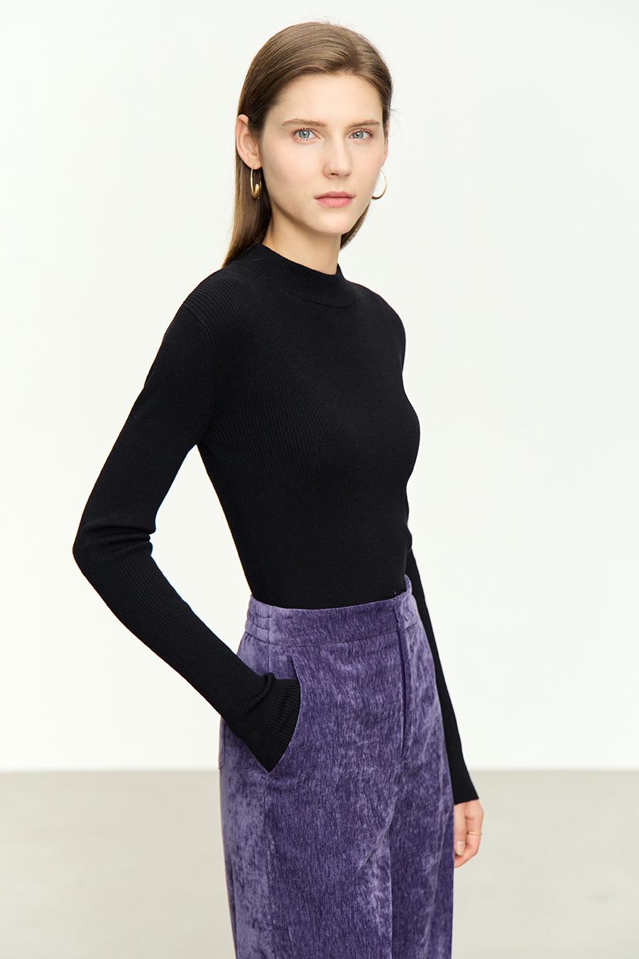 Mock Neck Ribbed Knit Sweater|AMII