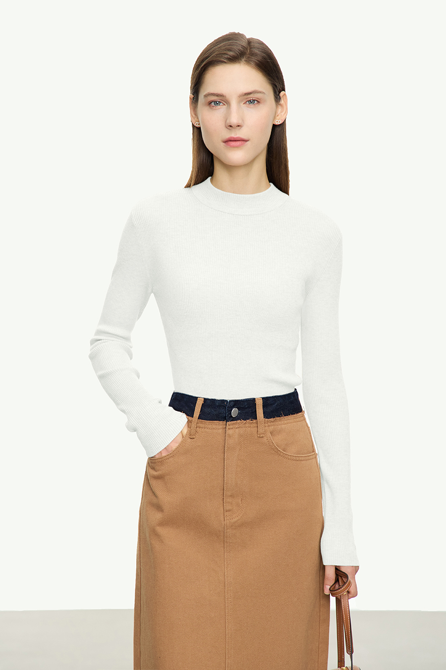 Mock Neck Ribbed Knit Sweater|AMII