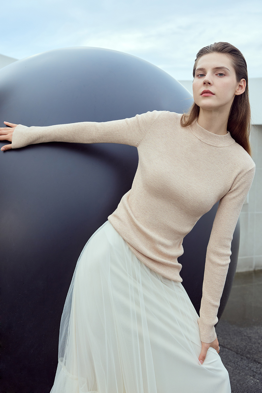 Mock Neck Ribbed Knit Sweater|AMII