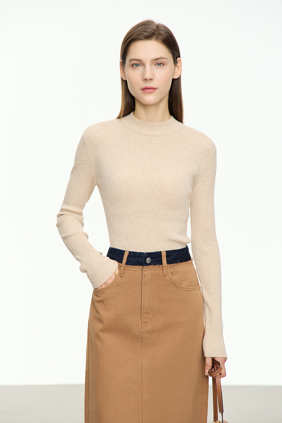 Mock Neck Ribbed Knit Sweater|AMII