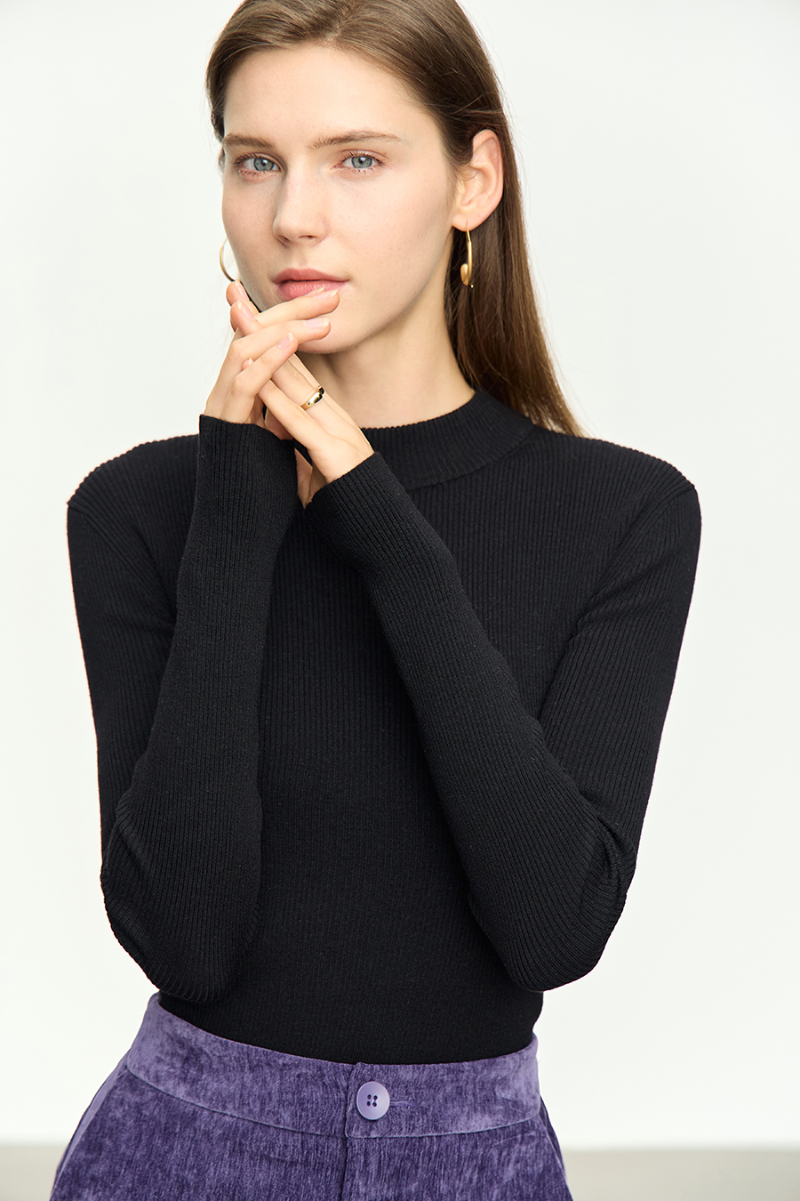 Mock Neck Ribbed Knit Sweater|AMII