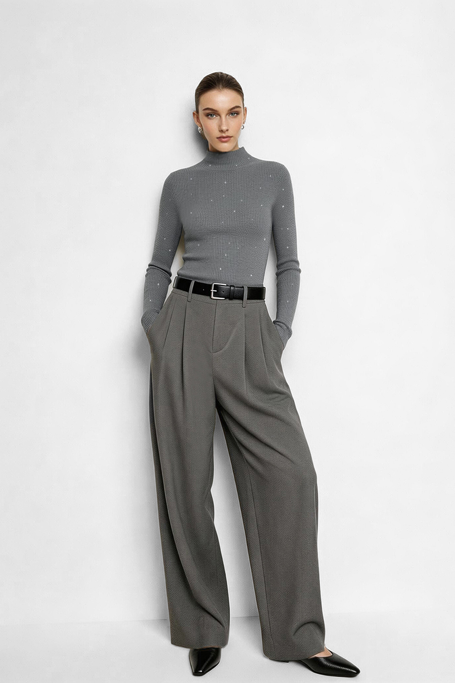 Mock Neck Sequin Yarn Sweater|AMII
