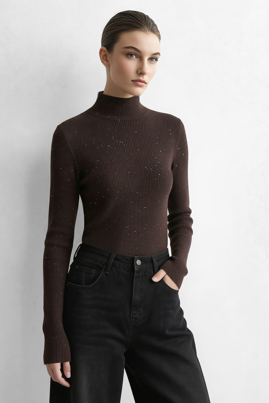 Mock Neck Sequin Yarn Sweater|AMII