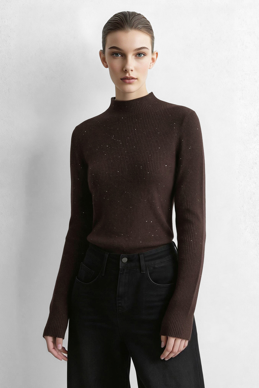 Mock Neck Sequin Yarn Sweater|AMII