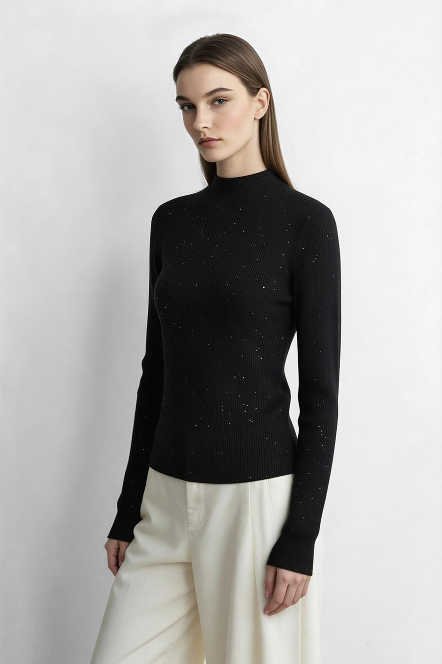 Mock Neck Sequin Yarn Sweater|AMII