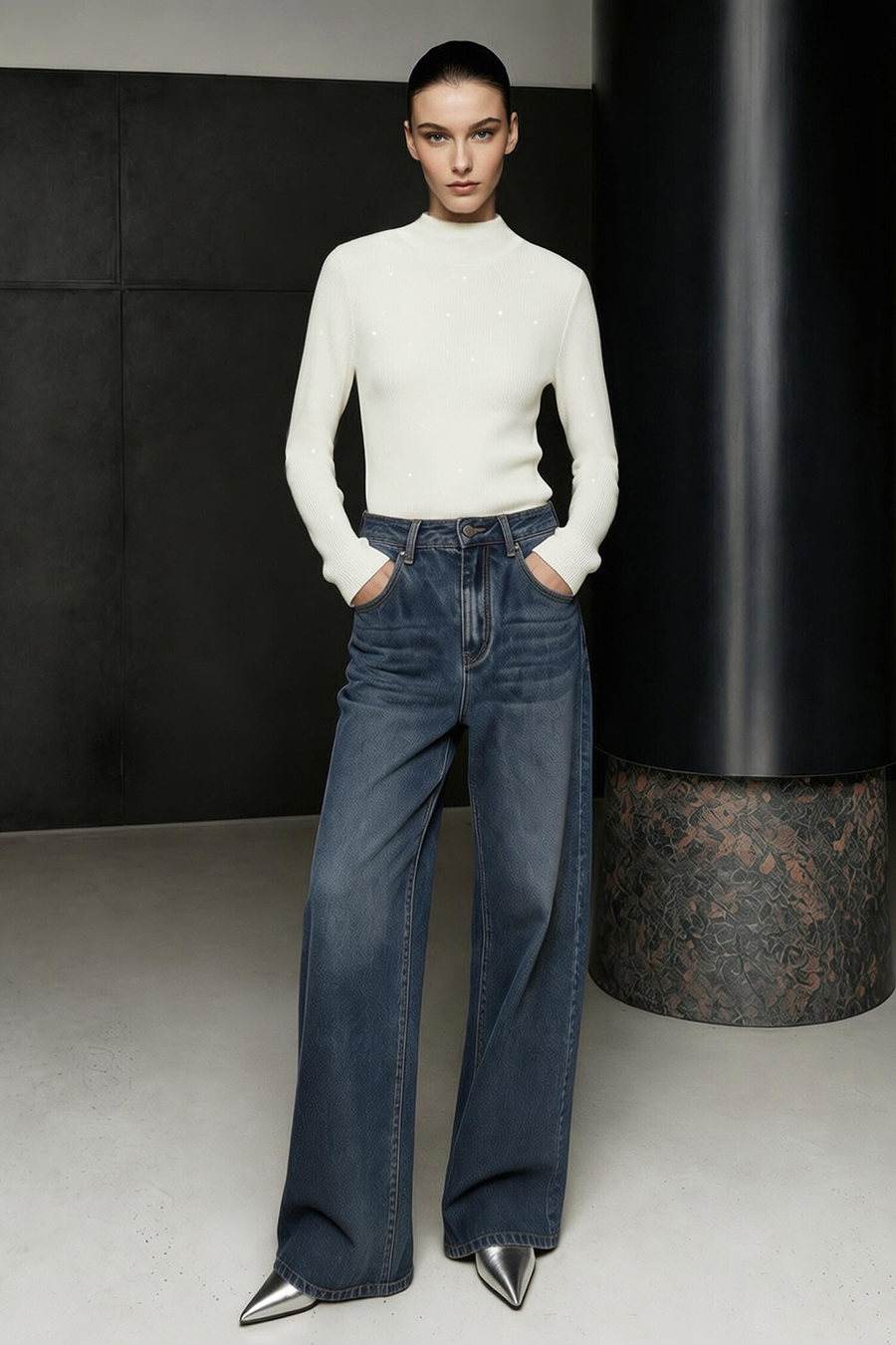 Mock Neck Sequin Yarn Sweater|AMII