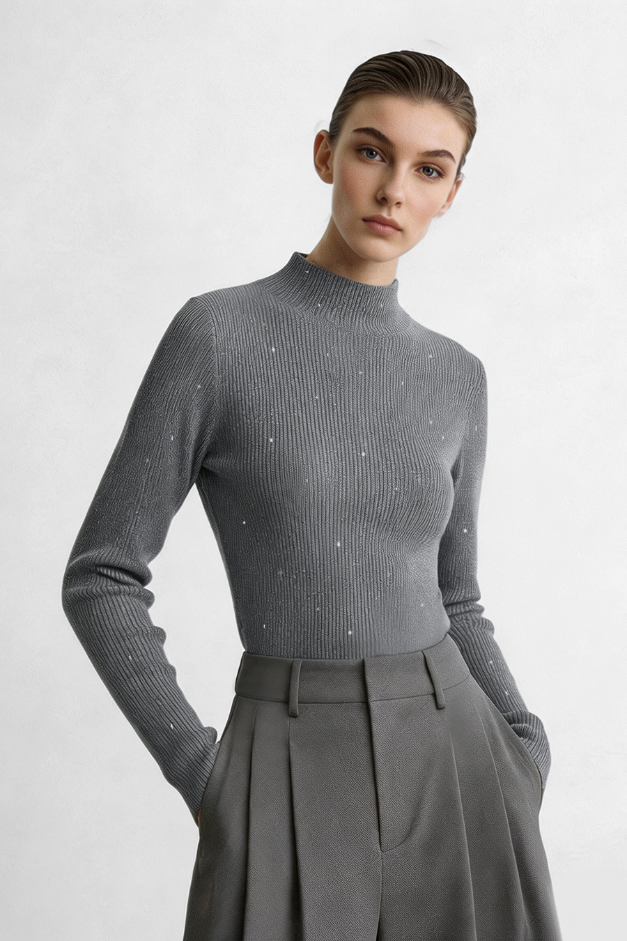 Mock Neck Sequin Yarn Sweater|AMII